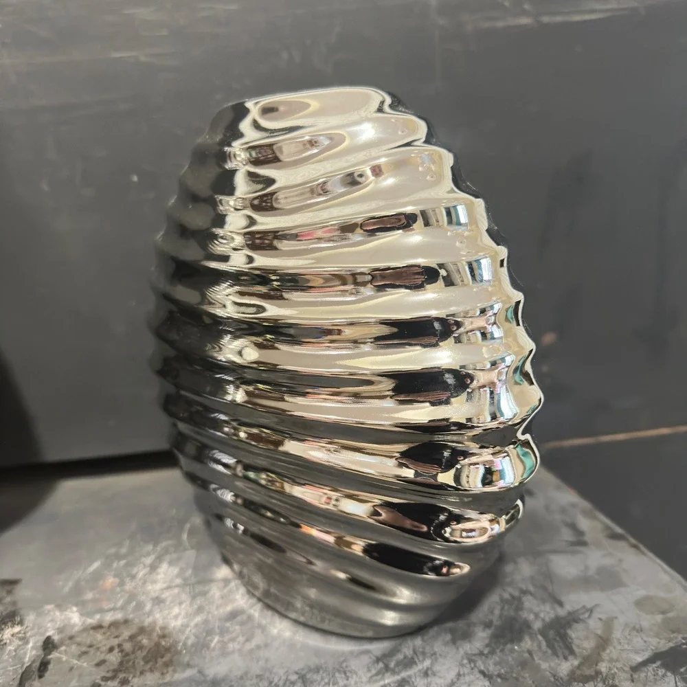 Sculptural Ribbed Ceramic Vase Chrome Silver Metallic Modernist Beehive 8.5in